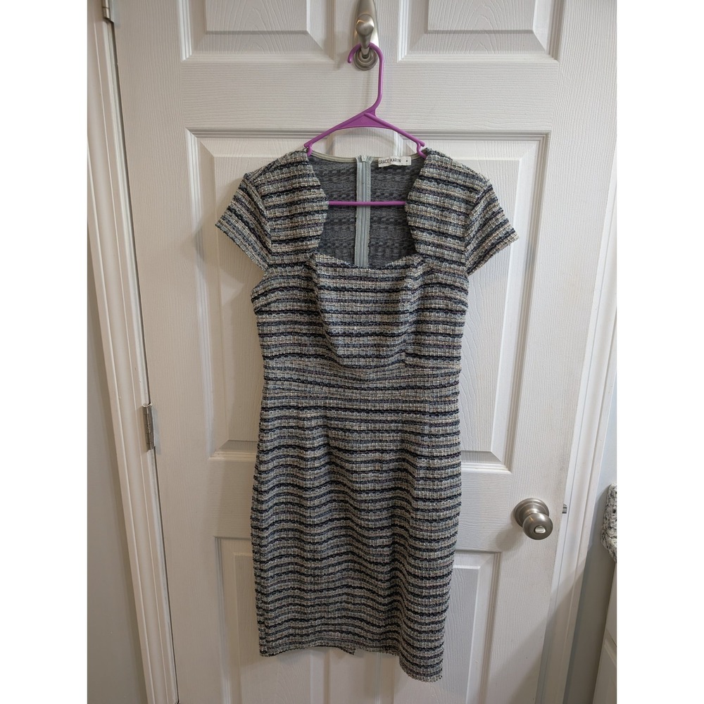 GRACE‎ KARIN Women's Tweed Sheath Dress Square Neck Short Sleeve - Size M